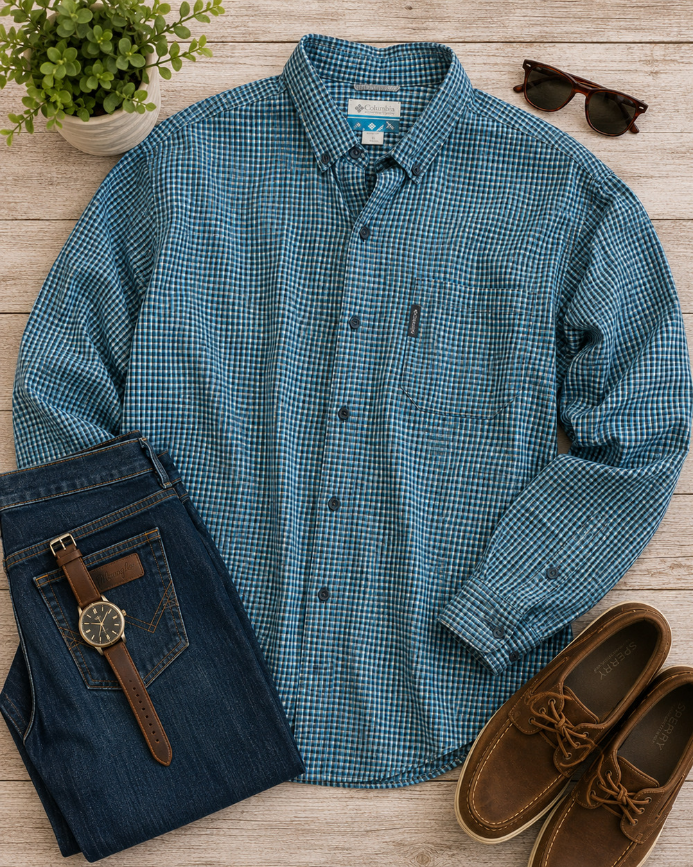 Columbia Sportswear Mens XL Blue Teal Plaid Check Long Sleeve Button Down Shirt